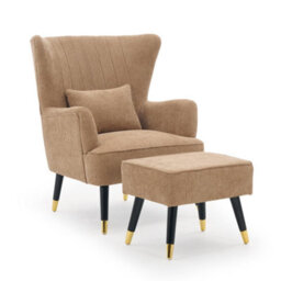 Chenille Fabric Brown Accent Chair With Footstool Camila - Wingback Armchair, Doorstep Delivery - thumbnail 3