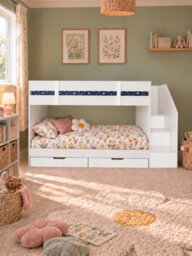 White Low Single Staircase Bunk Bed With Wardrobe, Shelves And Drawers - thumbnail 1