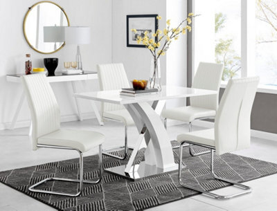 Furniturebox Atlanta White High Gloss And Chrome 4 Seater Dining Table With Statement X Shaped Legs And 4 White Faux Leather Lorenzo Chairs - image 1