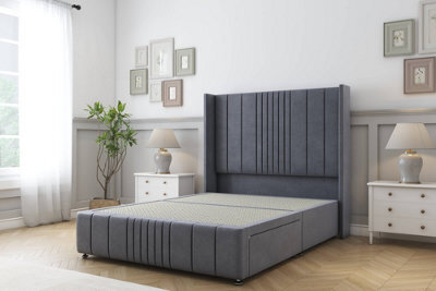 "Sloomy Hargrave Steel Plush Divan Bed Base No Drawers-54"" Wingback Headboard & 12"" Footboard 3' Single" - image 1