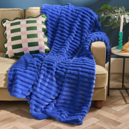 Ohs Faux Fur Ribbed Fleece Throw Over Bed Blanket Winter Warm Supersoft, Cobalt - 125 X 150Cm - thumbnail 1