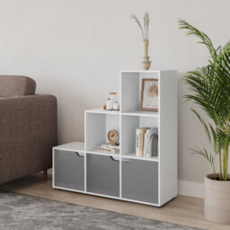 Urbn-Living Urbnliving Height 90.5Cm 6 Cube Step Storage White Bookcase And Grey Doors For Home Office Organizer Display Shelf Unit - thumbnail 2