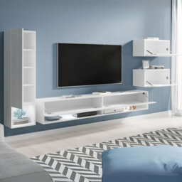Amadeo Modern Wall Unit With Tv Cabinet And Hanging Storage White White Gloss With Led Lights - thumbnail 3