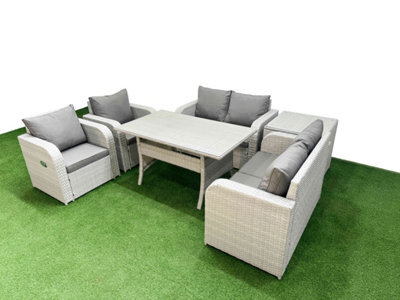 Fimous 6 Seater Outdoor Reclining Chair Love Sofa Set Rattan Garden Furniture Set Rectangular Dining Table Side Table Light Grey - image 1