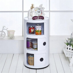 White- 3Tiers Cylindrical Round Storage Cabinet Cupboard Shelf Side End Table Shelf - thumbnail 3
