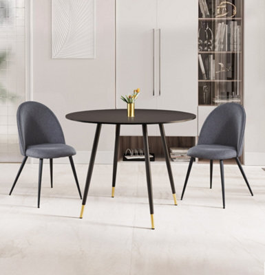 Hallowood Furniture Finley Small Round Dining Table In Black Finish With 2 Curved Back Grey Fabric Chairs - image 1