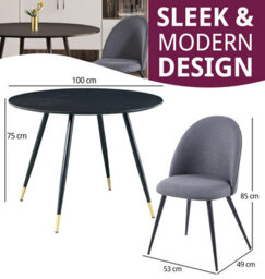 Hallowood Furniture Finley Small Round Dining Table In Black Finish With 2 Curved Back Grey Fabric Chairs - thumbnail 3