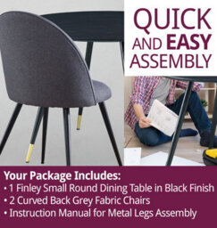 Hallowood Furniture Finley Small Round Dining Table In Black Finish With 2 Curved Back Grey Fabric Chairs - thumbnail 7