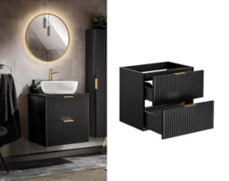 Impact Furniture Wall Hung Vanity Unit 600mm Black Bathroom Cabinet With Drawers Ribbed Fluted Floating Adel