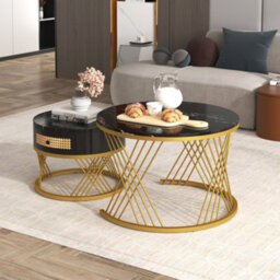 Btm Two In One Mdf Round Coffee Table With Marble Grain Top Rattan Drawers Wood Handles Gold Iron Legs Living Room Set