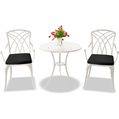 Centurion Supports Oshowa Garden And Patio Table And 2 Large Chairs Cast Aluminium Bistro Set- White With Black Cushions - image 1