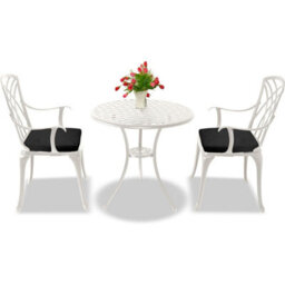Centurion Supports Oshowa Garden And Patio Table And 2 Large Chairs Cast Aluminium Bistro Set- White With Black Cushions - thumbnail 3