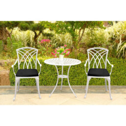 Centurion Supports Oshowa Garden And Patio Table And 2 Large Chairs Cast Aluminium Bistro Set- White With Black Cushions - thumbnail 2
