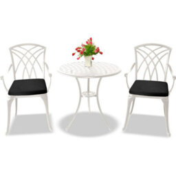Centurion Supports Oshowa Garden And Patio Table And 2 Large Chairs Cast Aluminium Bistro Set- White With Black Cushions - thumbnail 1