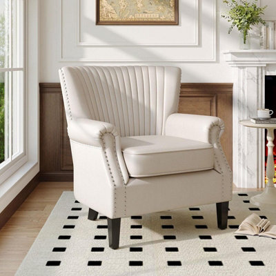 Living And Home Beige-White Vertical Channel Tufted Armchair With Nailhead Trim, 84Cm H - image 1