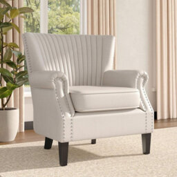 Living And Home Beige-White Vertical Channel Tufted Armchair With Nailhead Trim, 84Cm H - thumbnail 2