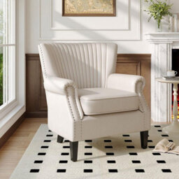 Living And Home Beige-White Vertical Channel Tufted Armchair With Nailhead Trim, 84Cm H - thumbnail 1