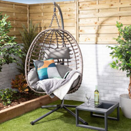 SquareBoxx Lovina Balinese Garden Egg Chair, A Grey 1 Seater Swing Chair & Cocoon Hanging Chair, Rattan Effect With Cushions
