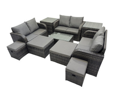 Fimous Outdoor Love Sofa Coffee Table Set Garden Rattan Furniture Set 10 Seater With 4 Stools 2 Side Tables Dark Grey - image 1