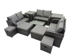 Fimous Outdoor Love Sofa Coffee Table Set Garden Rattan Furniture Set 10 Seater With 4 Stools 2 Side Tables Dark Grey - thumbnail 1