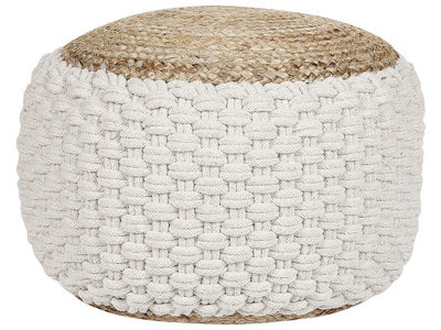 Wyld And Coco Boho Knitted Cotton-Jute Pouf Ottoman White-Beige, Eps Beads, 50 X 35 Cm - image 1
