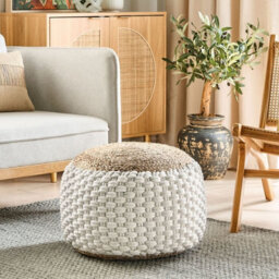 Wyld And Coco Boho Knitted Cotton-Jute Pouf Ottoman White-Beige, Eps Beads, 50 X 35 Cm - thumbnail 2