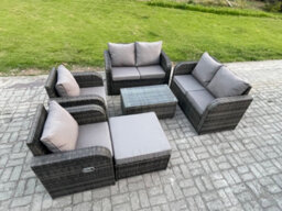 Fimous Rattan Garden Furniture Set Patio Outdoor Lounge Sofa Set With 2 Reclining Chairs Rectangular Coffee Table Big Footstool - thumbnail 2