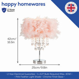 Happy Homewares Modern Chandelier Style Pink Feather Table Lamp With Waterfall Acrylic Droplets - thumbnail 4