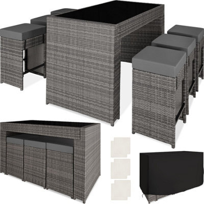 Tectake Aluminum Rattan Ibiza 6+1 Bar Set With Protective Cover - Grey - image 1