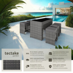 Tectake Aluminum Rattan Ibiza 6+1 Bar Set With Protective Cover - Grey - thumbnail 2