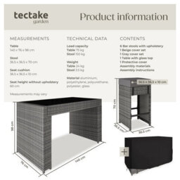 Tectake Aluminum Rattan Ibiza 6+1 Bar Set With Protective Cover - Grey - thumbnail 6