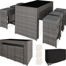 Tectake Aluminum Rattan Ibiza 6+1 Bar Set With Protective Cover - Grey - thumbnail 1