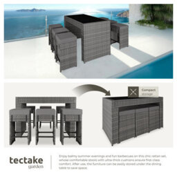 Tectake Aluminum Rattan Ibiza 6+1 Bar Set With Protective Cover - Grey - thumbnail 4