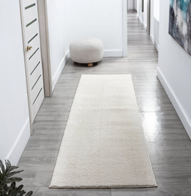 Comfy Washable Low Pile Living Room Area Rug - Anti-Slip Felt Backing Cream 60Cm X 200Cm - image 1