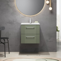 Balterley Belvide Partial Fluted 2 Drawer Wall Hung Vanity Unit With 1 Tap Hole Minimalist Basin - 500mm - Satin Green - thumbnail 2