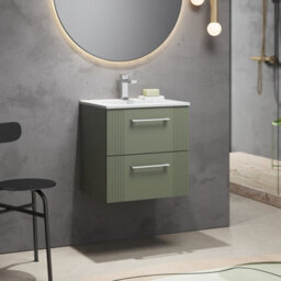 Balterley Belvide Partial Fluted 2 Drawer Wall Hung Vanity Unit With 1 Tap Hole Minimalist Basin - 500mm - Satin Green - thumbnail 6