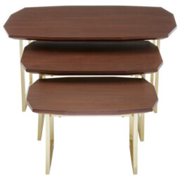 Orsina Set Of 3 Nesting Side Tables,round Walnut Wooden Top Bedside Tables With Gold Finish Legs,decorative Tables
