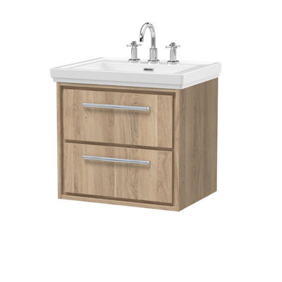 Hudson Reed Lille Wall Hung Two Drawer Contemporary Vanity Unit With 3 Tap Hole Basin In Bleached Oak, 630 X 471mm - image 1