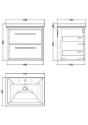 Hudson Reed Lille Wall Hung Two Drawer Contemporary Vanity Unit With 3 Tap Hole Basin In Bleached Oak, 630 X 471mm - thumbnail 3