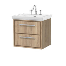 Hudson Reed Lille Wall Hung Two Drawer Contemporary Vanity Unit With 3 Tap Hole Basin In Bleached Oak, 630 X 471mm - thumbnail 2