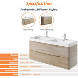 Plum&clay Eden Light Oak Wall Hung Vanity Unit With Ceramic Basin (W)1200mm - thumbnail 6