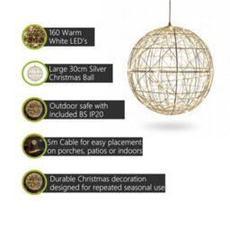Pegdev - Pdl 30Cm Silver Christmas Hanging Ball With 160 Warm White Led Lights Outdoor Decoration 5M Cable And Transformer - thumbnail 2