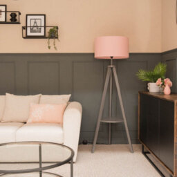 Valuelights Morrigan Grey Wood Shelf Tripod Floor Lamp With Blush Drum Shade And Bulb - thumbnail 4
