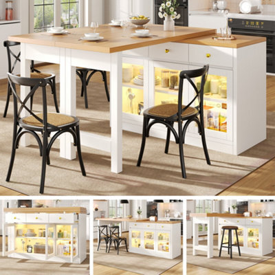 Btm Extendable Kitchen Island With Led Lights, 120-200Cm, Adjustable Dining Table With Storage, 3 Drawers & Glass Cabinets - image 1