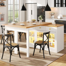 Btm Extendable Kitchen Island With Led Lights, 120-200Cm, Adjustable Dining Table With Storage, 3 Drawers & Glass Cabinets - thumbnail 2