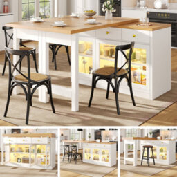 Btm Extendable Kitchen Island With Led Lights, 120-200Cm, Adjustable Dining Table With Storage, 3 Drawers & Glass Cabinets - thumbnail 1