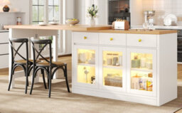 Btm Extendable Kitchen Island With Led Lights, 120-200Cm, Adjustable Dining Table With Storage, 3 Drawers & Glass Cabinets - thumbnail 6