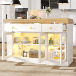 Btm Extendable Kitchen Island With Led Lights, 120-200Cm, Adjustable Dining Table With Storage, 3 Drawers & Glass Cabinets - thumbnail 4
