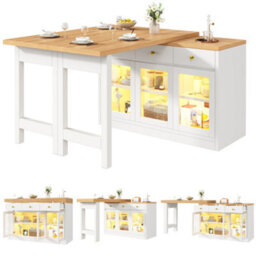 Btm Extendable Kitchen Island With Led Lights, 120-200Cm, Adjustable Dining Table With Storage, 3 Drawers & Glass Cabinets - thumbnail 8