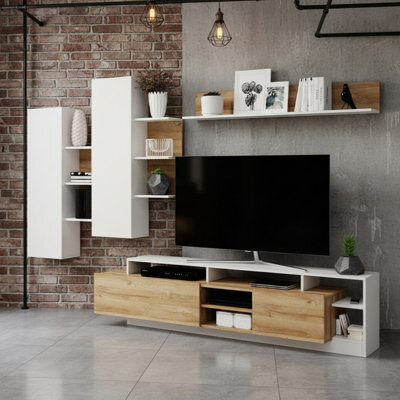 Alva Modern Living Room Wall Unit With Cabinets Shelving And Tv Stand Oak Grandson And White - image 1